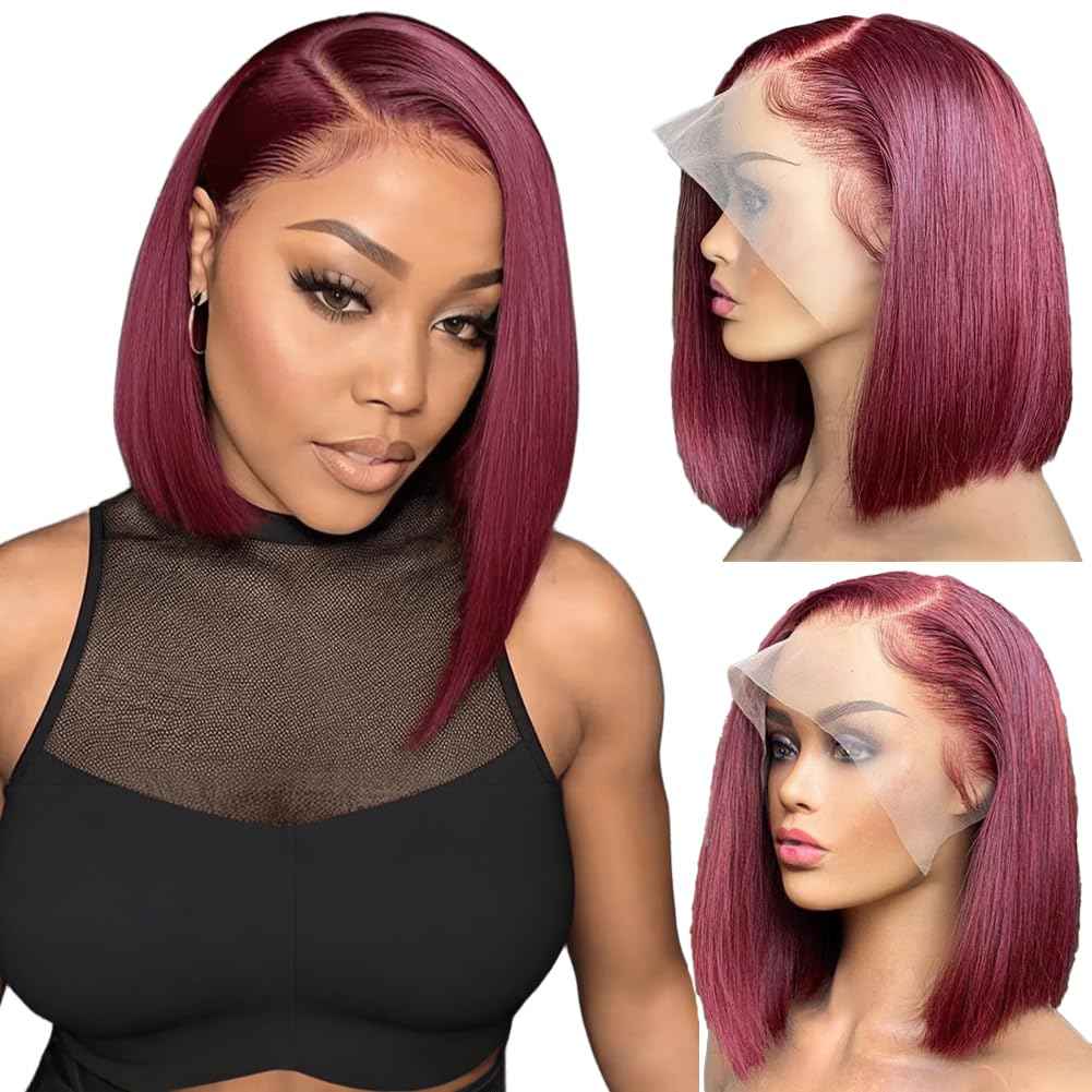 SKYDO 13x4 Lace Front Bob Wig Human Hair - 99J Burgundy, Pre-Plucked Hairline 180 Density, 8 Inch Wigs for Women