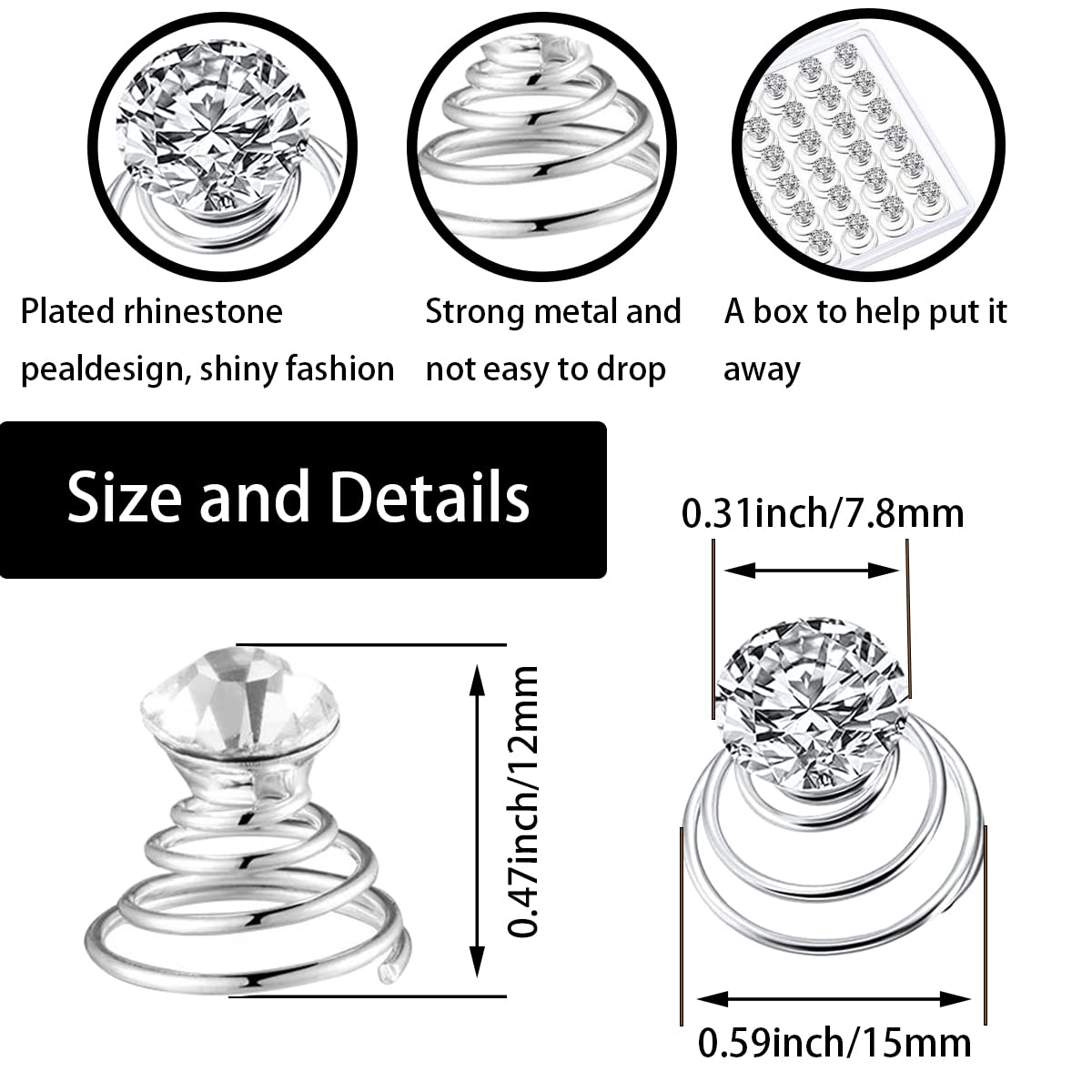 50 Pieces Crystal Twisters Spiral Set Bridal Rhinestone Gems Hair Pins Silver Coil Hair Gems Hair Clips for Wedding Party Prom with Clear Box for Women Girls Party Gift(Diamond Style)