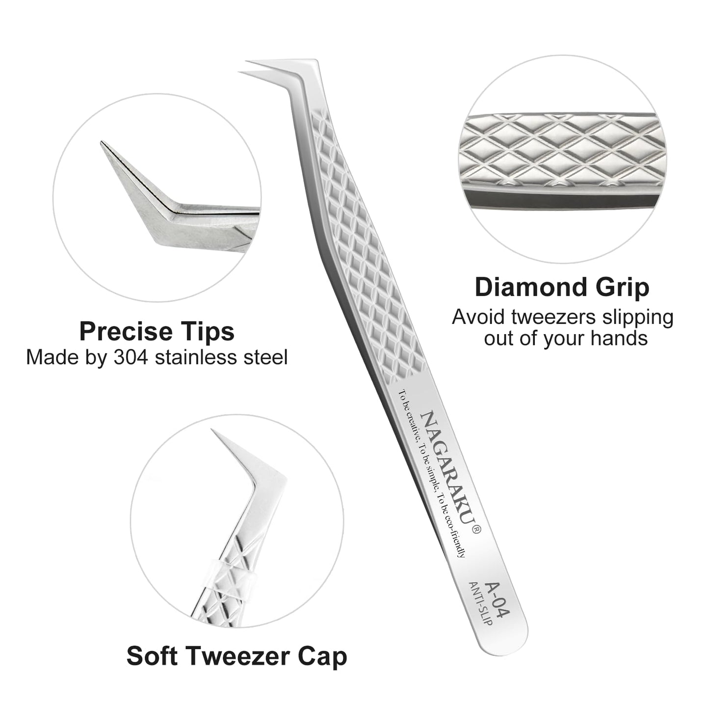 NAGARAKU Eyelash Extension Tweezers Diamond Grip with Pattern on tip Precision Durable Curved Professional for Classic Lash Fanning Volume (A-04)