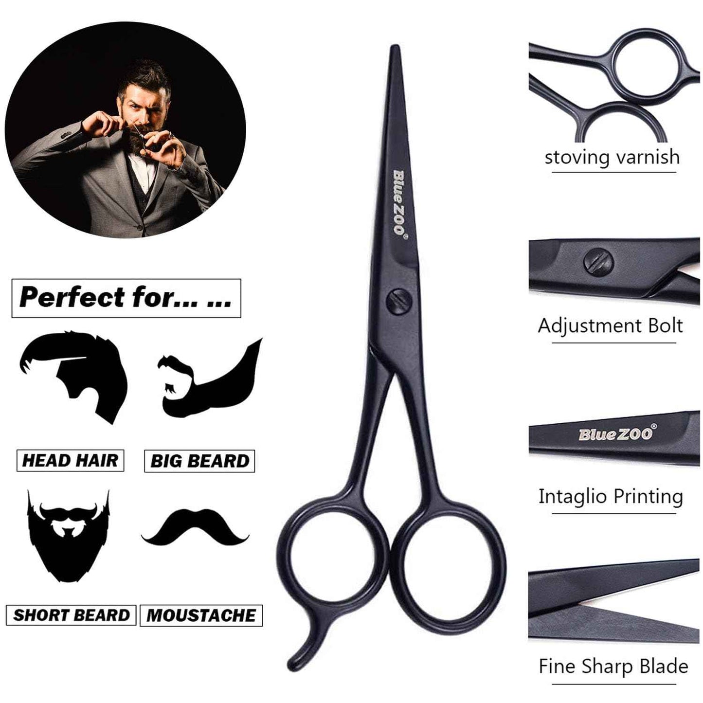 BlueZOO Beard Mustache Scissors and Comb Kit with PU Storage Bag, Rounded Safety Nose Hair Scissor for Men and Women Care Grooming, Ear Trimming Tool, Shears for Personal Grooming, Cutting & Styling