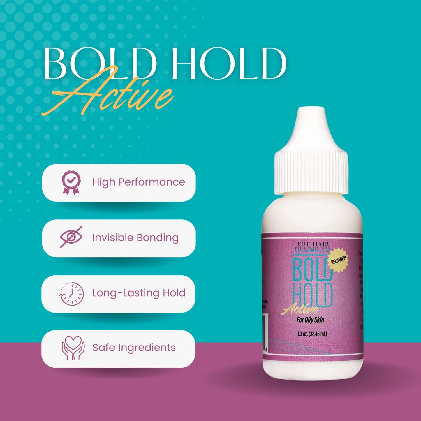 The Hair Diagram - Bold Hold Active Reloaded - Strong Hold Glue for Wigs and Hair Systems - Invisible Bonding - Formulated for Oily Skin - Non Toxic - Humidity Resistant & Water- Resistant -1.3oz