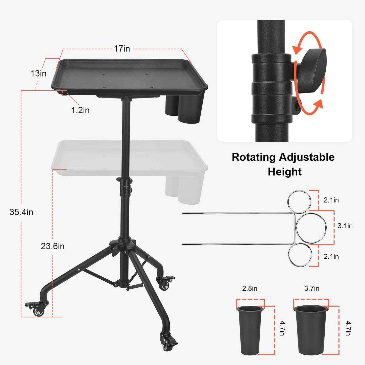 Salon Tray Cart, Metal Tattoo Tray with Tool Holder, Service Rolling Tray Adjustable Height, Storage Tray Trolley for Salon Spa Dental Use, Rolling Tray Cart