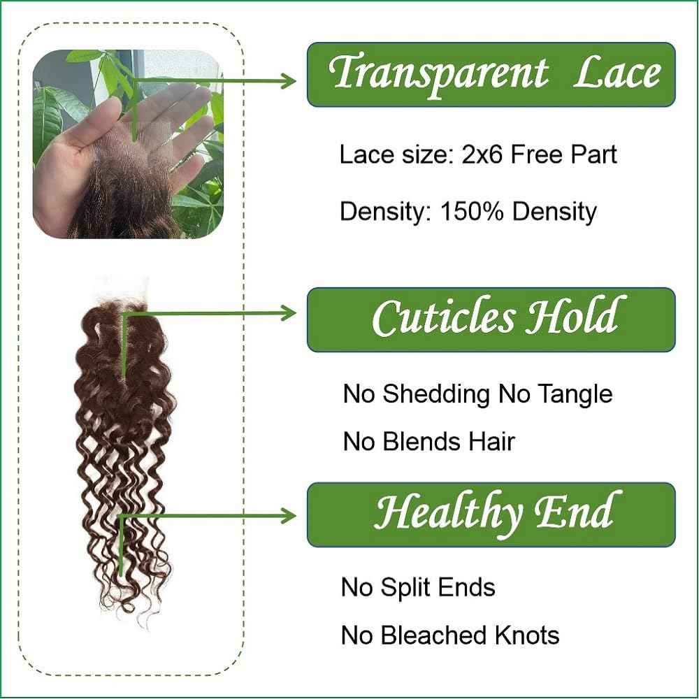 Brown Water Wave 2x6 Lace Closure Top Swiss Lace Water Wave Remy Human Hair Deep Middle Part Closure Color #4 With Baby Hair 14 Inch