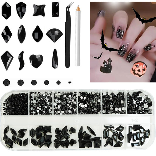 1350Pcs Black Rhinestones for Nails, 60Pcs Big Black Nails Charms with Small Sequined Flatback Round Beads, Black Glitter Clear Glass Diamond Stones for DIY Faces Eyes Makeup Crafts Decoration