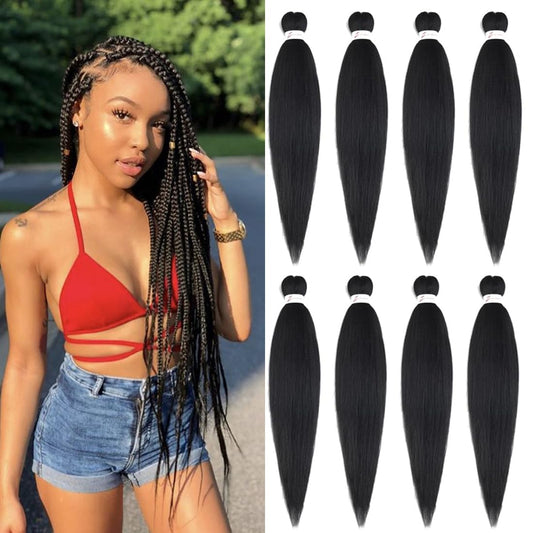 Pre Stretched Braiding Hair Extensions 26inch 8packs Professional Braids Hair Soft Yaki Straight Braid Hair Hot Water Setting Synthetic Crochet Hair (26inch,Black)