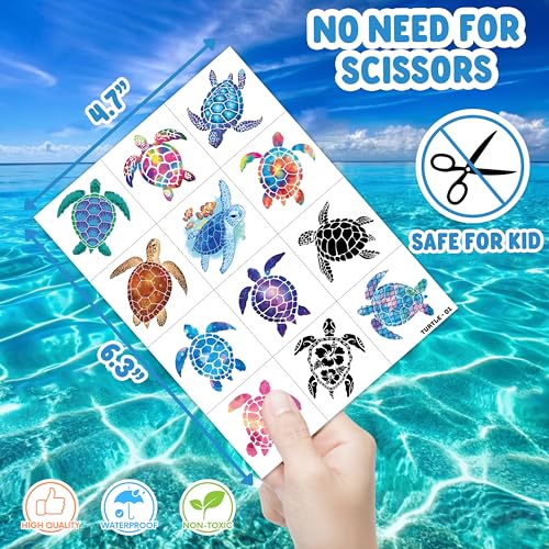 96 PCS Turtle Pre-Cut Temporary Tattoos for Kids | Super Cute First Themed Birthday Party Favors, Supplies, Decorations, Cute Ocean Animal Tattoo Stickers (multiple)