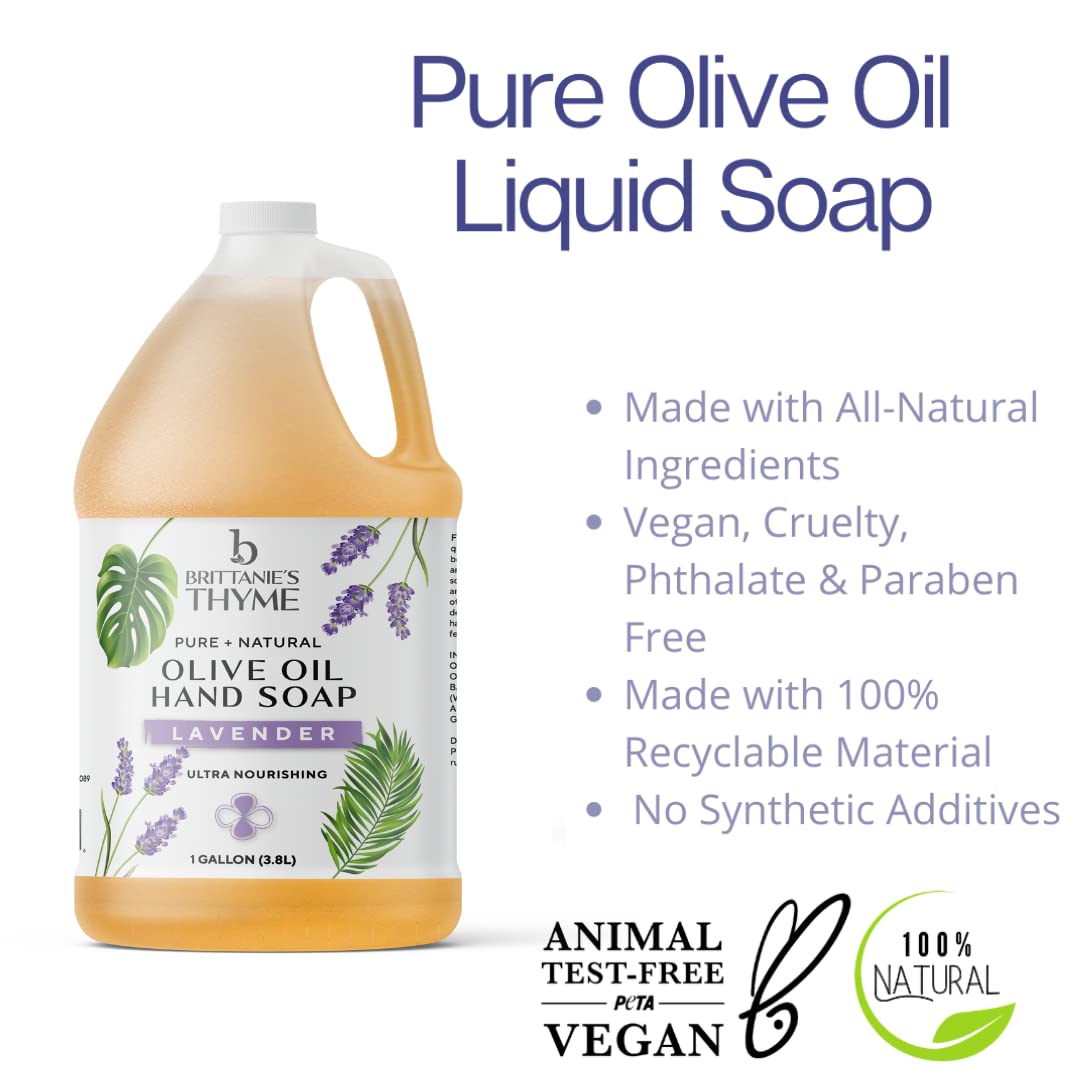 Brittanie's Pure Organic Castile Lavender Liquid Olive Soap Refill, 1 Gallon | Made with Natural Luxurious Oils, Vegan & Gluten Free Non-GMO, For Face, Body, Dishes, Pets & Laundry