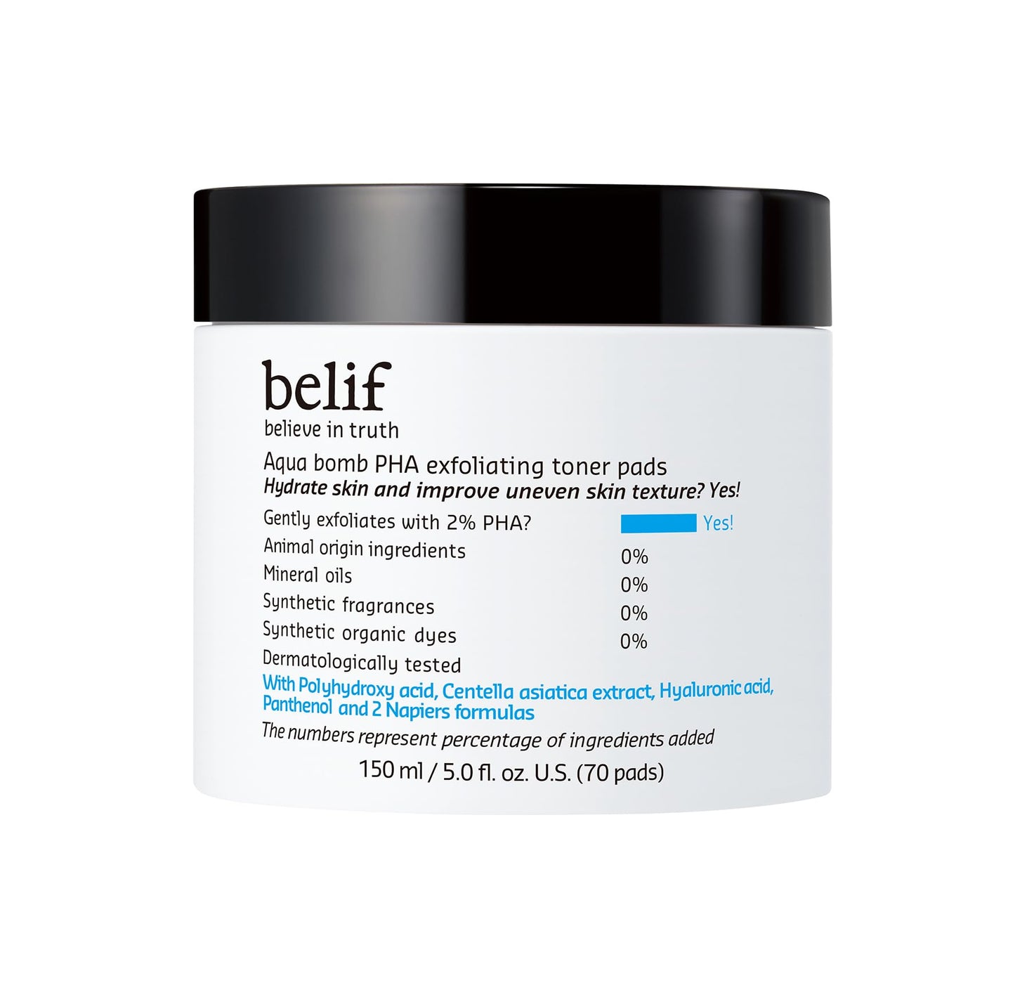 belif Aqua Bomb PHA Exfoliating Toner Pads: 2% PHA, Centella, HA Exfoliation & Hydration Toner Pads, Lightweight, Good for Dryness, Uneven Texture, Pores, Dullness, Oiliness, Korean Skin Care