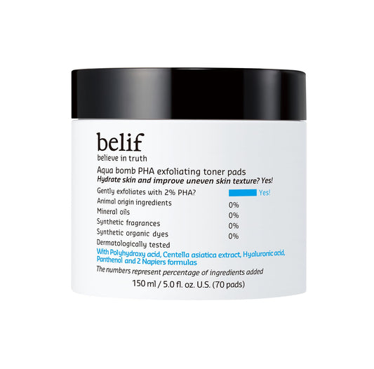 belif Aqua Bomb PHA Exfoliating Toner Pads: 2% PHA, Centella, HA Exfoliation & Hydration Toner Pads, Lightweight, Good for Dryness, Uneven Texture, Pores, Dullness, Oiliness, Korean Skin Care