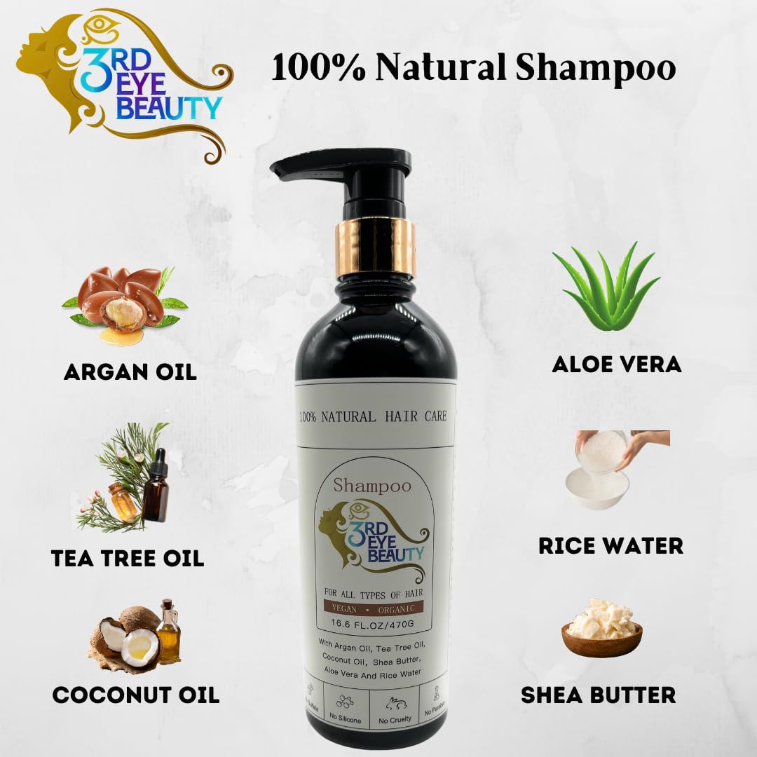 3rd Eye Beauty 100% Natural Vegan Silicon and Sulfate free Shampoo made with Argan oil, Tea Tree oil, Aloe Vera and Rice water.