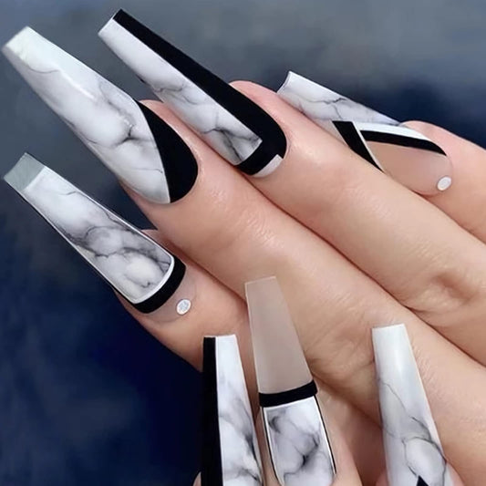 BABALAL Coffin Press on Nails Long Fake Nails Black White Acrylic Nails Rhinestone Matte Stick on Nails 24Pcs Ballerina Long Nails Press on