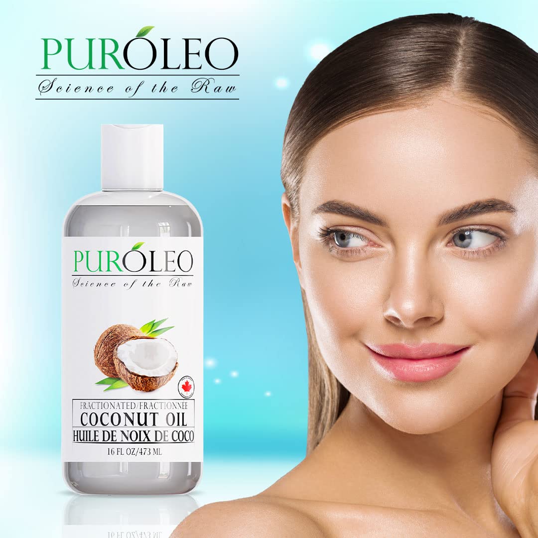 PUROLEO Fractionated Coconut Oil 16 Fl Oz/473 ML (Packed in Canada) 100% Natural and odorless Moisturizer & Carrier Oil l Hair Skin Body, Aromatherapy, Massage, Makeup Remover