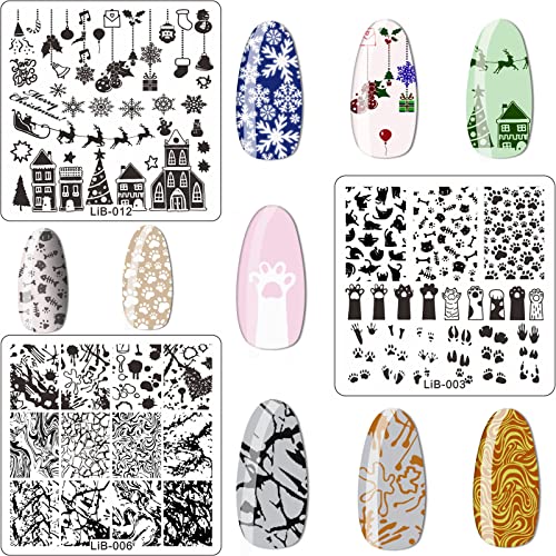 LiBiuty Nail Art Stamping Plate Kit, 12PCS Stamp Stencil Plates with Different Image Flower Leaves Animal Lace Pattern, 1 Silicone Double Sided Clear Stamper, 1 Scraper, 1 Template Storage Bag