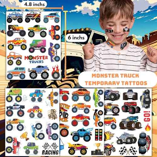 50 PCS Monster Trucks Temporary Tattoos for Kids, Monster Truck Fake Tattoos for Birthday Party Supplies Racing Car Checkered Flag Trophy Flame Tattoo Stickers for Kids Boys Girls Party Bag Filler
