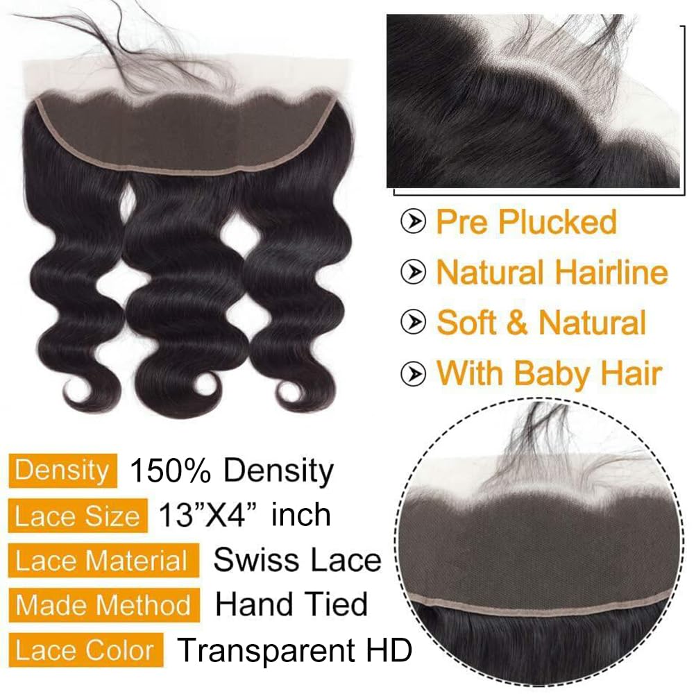 QTHAIR 14A Transparent HD Body Wave Human Hair Lace Frontal (18",13x4 Ear to Ear Lace Frontal,Natural Black)130-150% Density 100% Virgin Brazilian Body Wave Lace Frontal