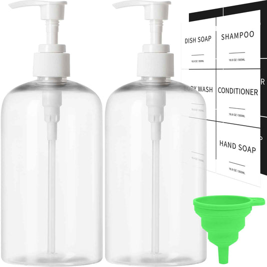 Soap Dispenser with Waterproof Labels, Thickened Plastic Hand Soap Dispenser for Bathroom, Kitchen Dish Washing Liquid Bottles, Shampoo and Conditioner Bottles (16.9 oz, Set of 2, Clear)