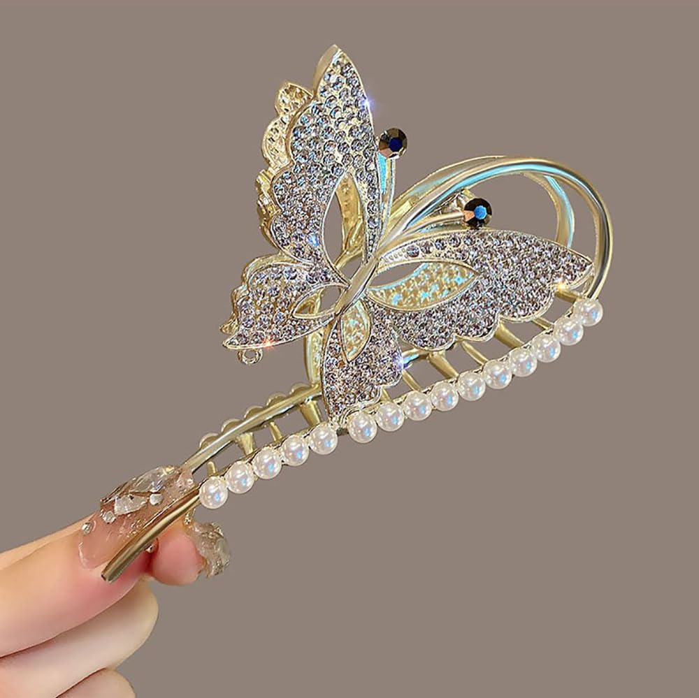 Diamond Non-Slip Metal Hair Claws with Sparkly Pearls - Big Cute Butterfly Headwear Gifts for Women, Set of 2