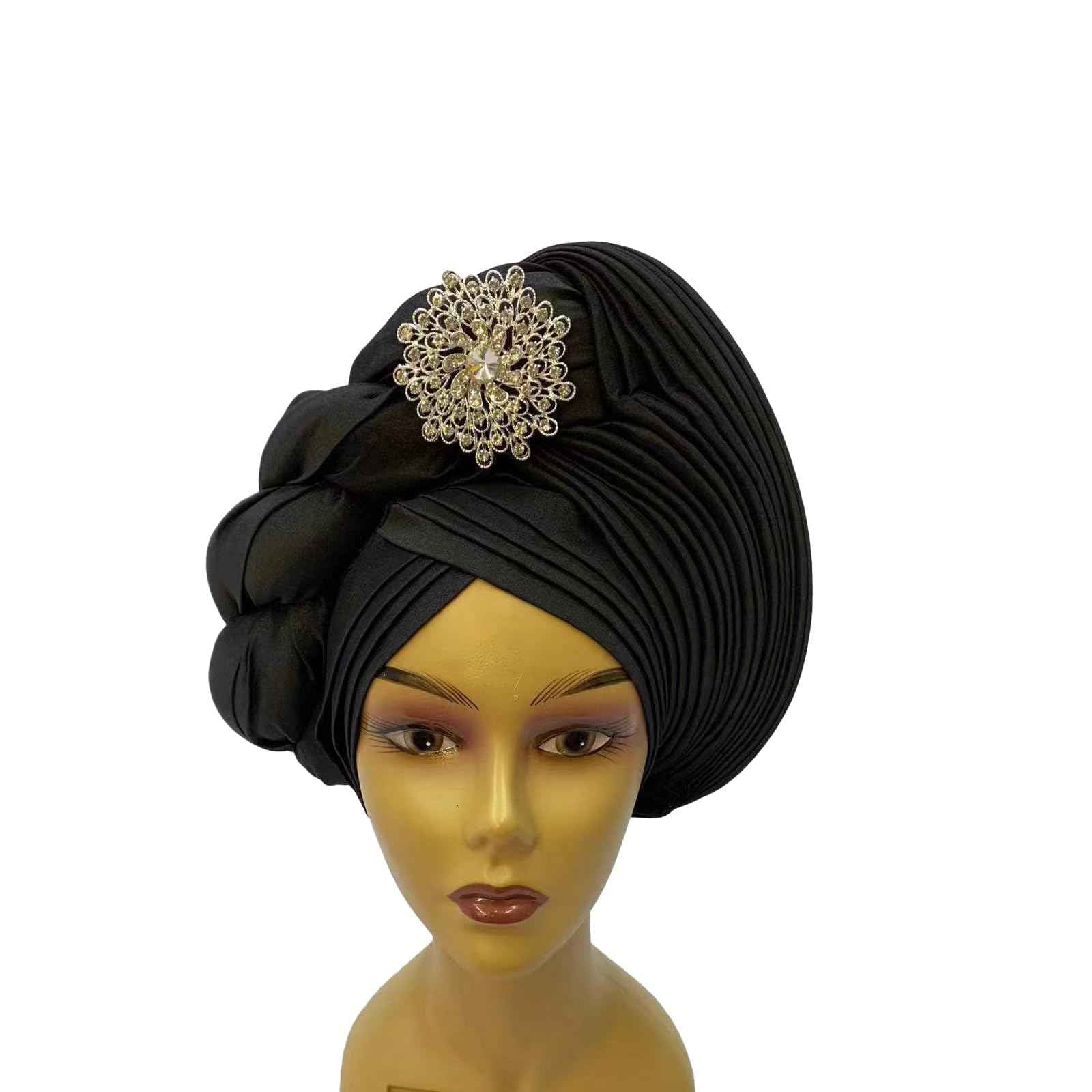 Nigerian for Women Turban Head Wrap Hats with Diamond African Gele Headties Female Handmade Sewing Women Hats for Party (US, Alpha, One Size, Black)