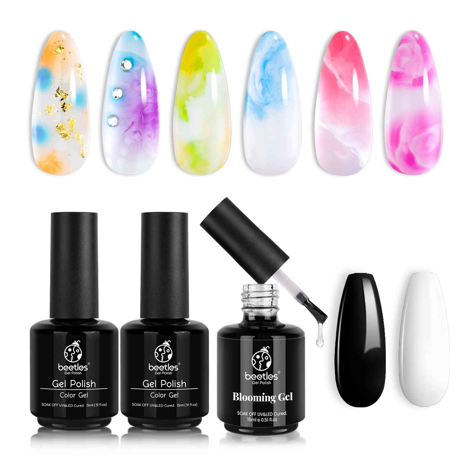 Beetles Nail Blooming Gel 15ml Clear Uv Led Blossom Gel and 2 Pcs 15ml Black White Colors Gel Polish Set