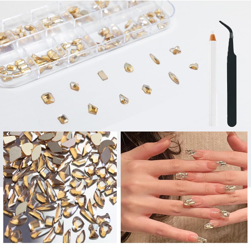 2680Pcs Champagne Gold Rhinestones Nail Gems, 120Pcs Big Golden Nails Charms with Bling Flatback Round Beads, Gold K9 Glass Clear Diamond Stones Jewelry for DIY Faces Eyes Makeup Crafts Decoration