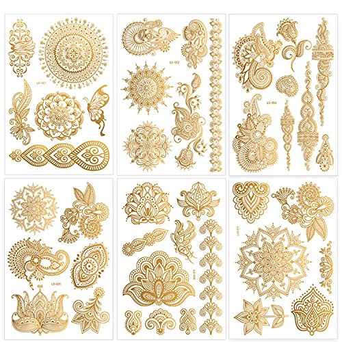 Gold Henna Temporary Tattoos 6 Sheets Waterproof Stickers