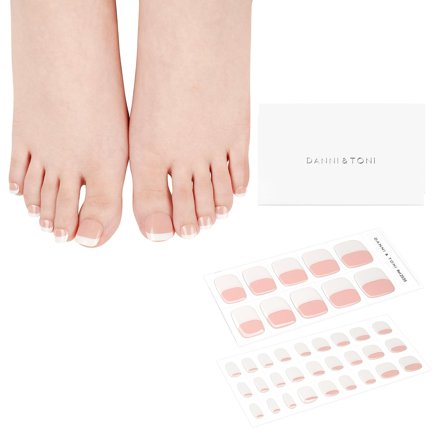 DANNI & TONI Semi Cured Gel Toenail Strips French (Happy-Go-Lucky) Nude Gel Toenail Stickers with White Tips Gel Pedi Wraps 37 Stickers