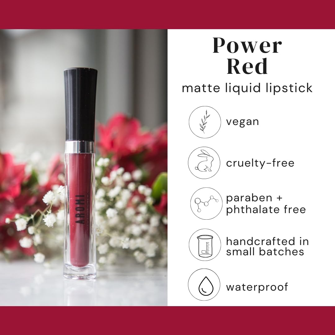 Aromi Matte Liquid Lipstick | Long-lasting, Dark Red, Maroon Lip Color with Blue Undertones, Smudge Proof, Waterproof, Vegan Makeup (Power Red)