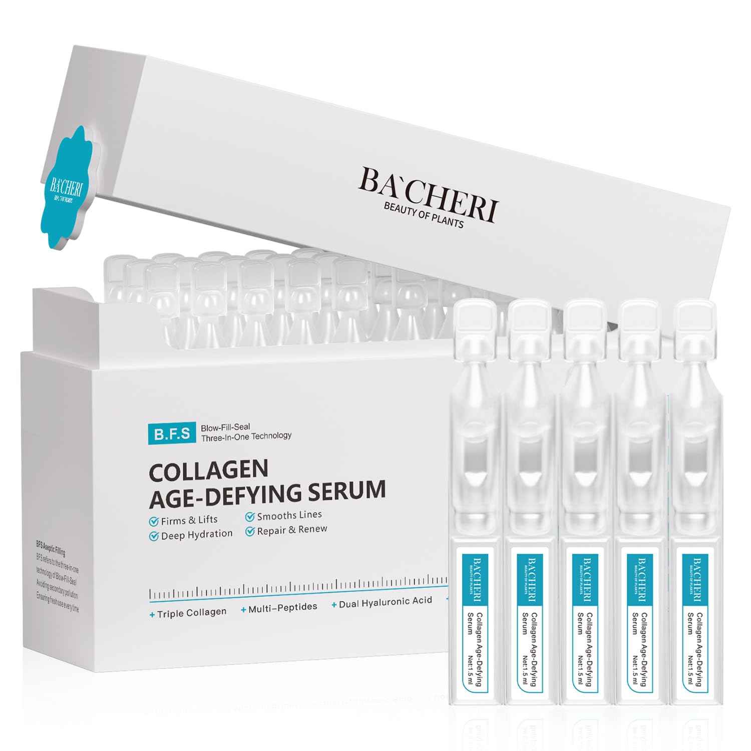 BACHERI Collagen Peptide Anti-Aging Serum with PDRN – Triple Collagen, Peptide Complex & Botanical Extracts for Firming, Hydration & Skin Barrier Repair – Ampoule Serum Set 1.5ml x 30