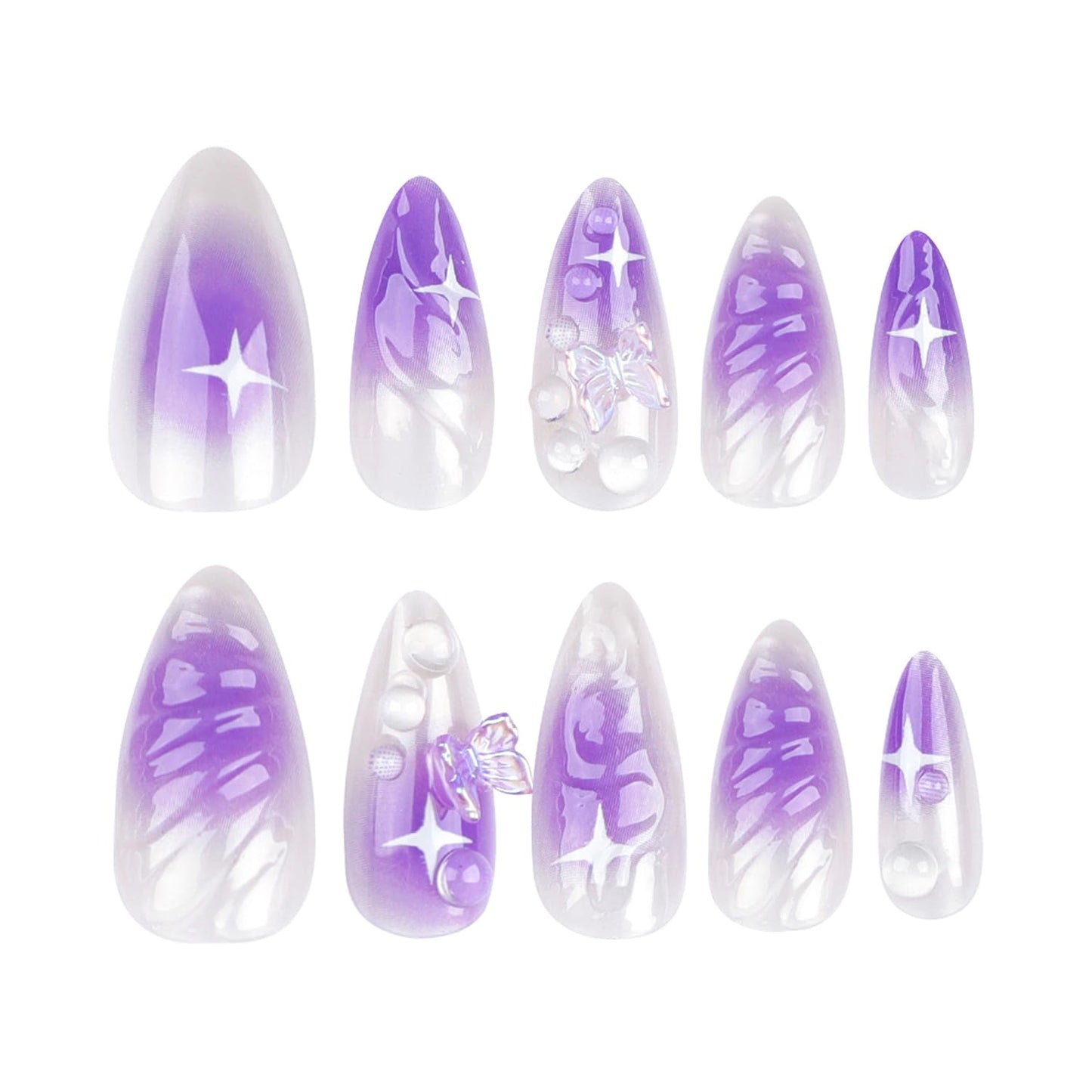 24 Pcs Almond Press on Nails Medium Fake Nails White Full Cover False Nails with Purple Butterfly Designs Glossy 3D Nail Charms French Tip Nails Stick on Nails for Women Girls