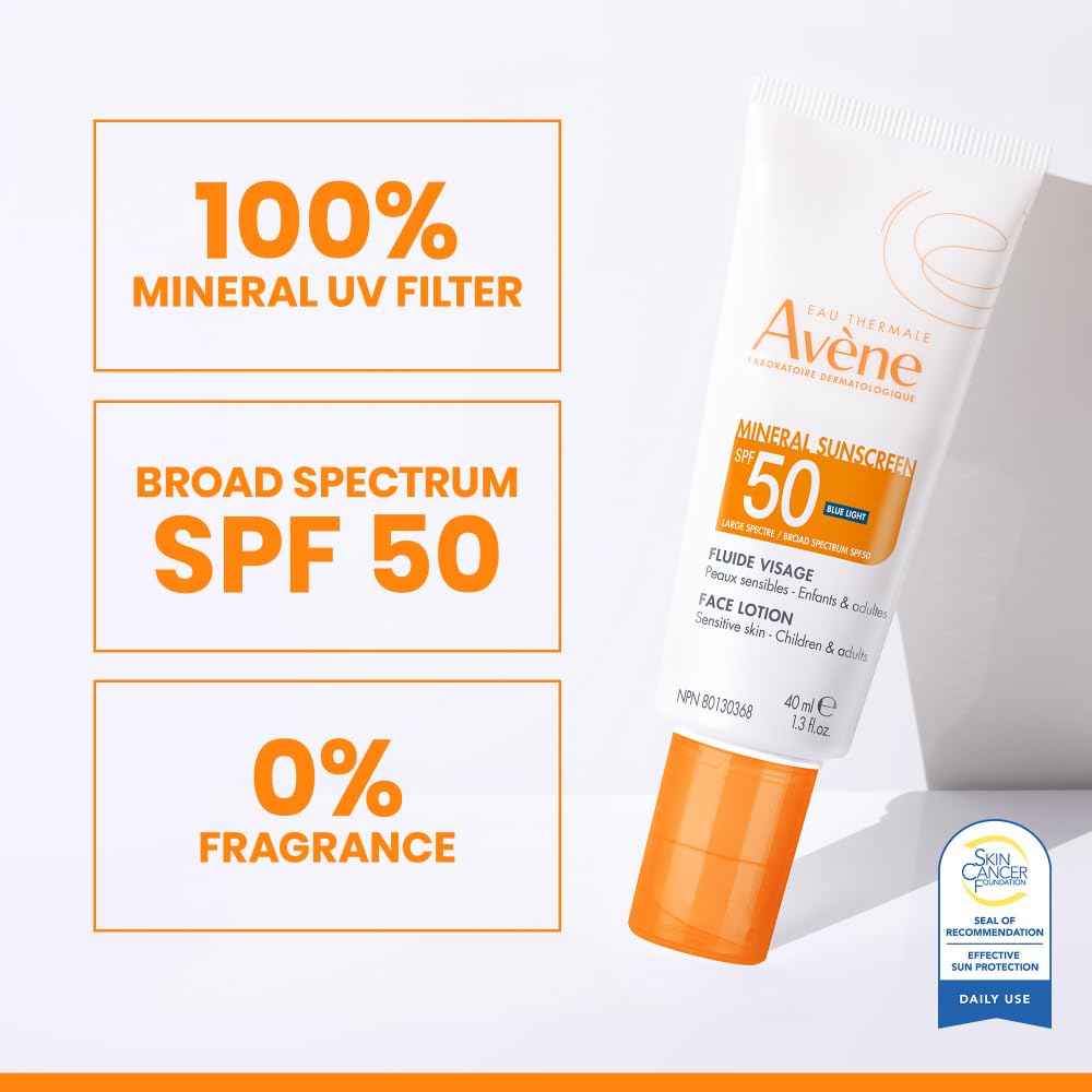 Avène Mineral Sunscreen SPF 50 Face Lotion, fast absorbing, 100% Mineral Sunscreen, Protects against UV, pollution + bluelight, With with Zinc Oxide + Bisabolol, 80 minute water resistance 1.3 oz