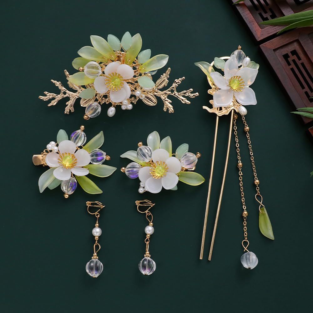 6 Pcs Lily Flower Chinese Tassel Hair Pins Crystal Pearl Hanfu Hair Clips Classical Floral Hair Stick Retro Jewelry Headpiece Bride Wedding Accessories for Women