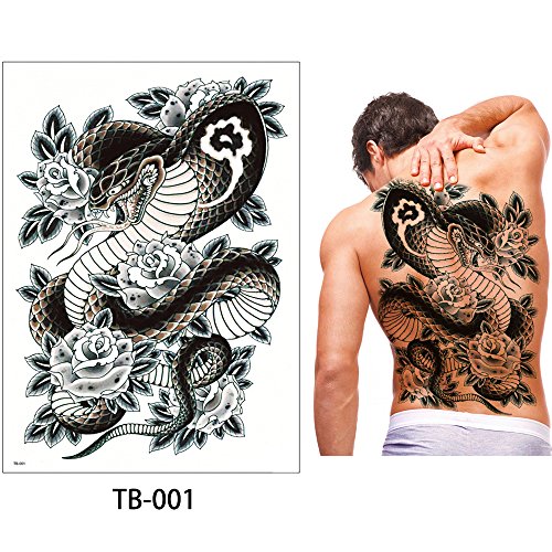 Glaryyears Super Big Full Back Covered Temporary Tattoos, 3 Pack Large Fake Realistic Tattoo Stickers for Adults Men Women, Scary Fierce Tiger Snake Serpent Design
