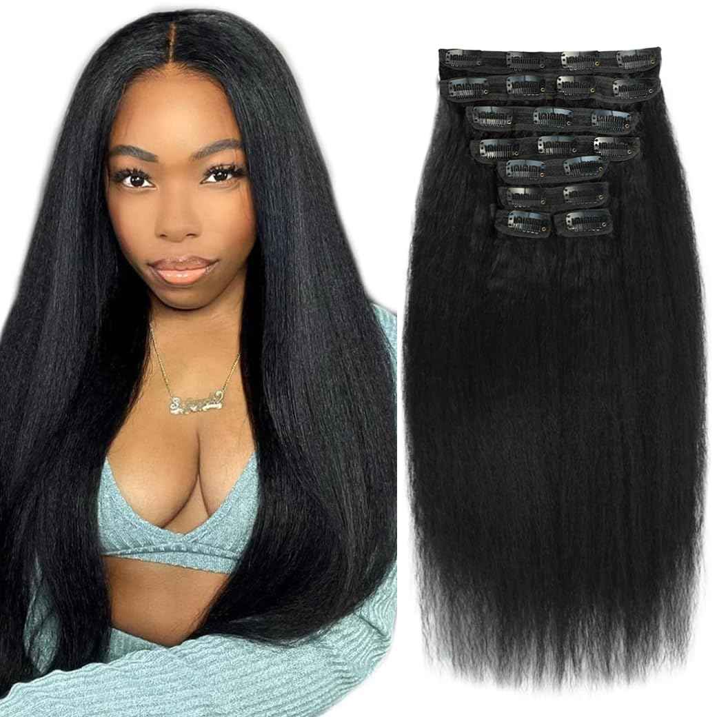 Clip in Hair Extensions Real Human Hair 14 inch Kinky Straight Clip ins For Black Women Remy Human Hair Extensions Clip ins Natural Color 8pcs 20 Clips 100g/Set