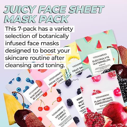 Vitamasques Face Masks Skincare Sheet Kit, 7-Pack - Juicy Collection of Triple-Layer Sheet Facial Masks - Pore Purifying, Brightening, and Hydrating