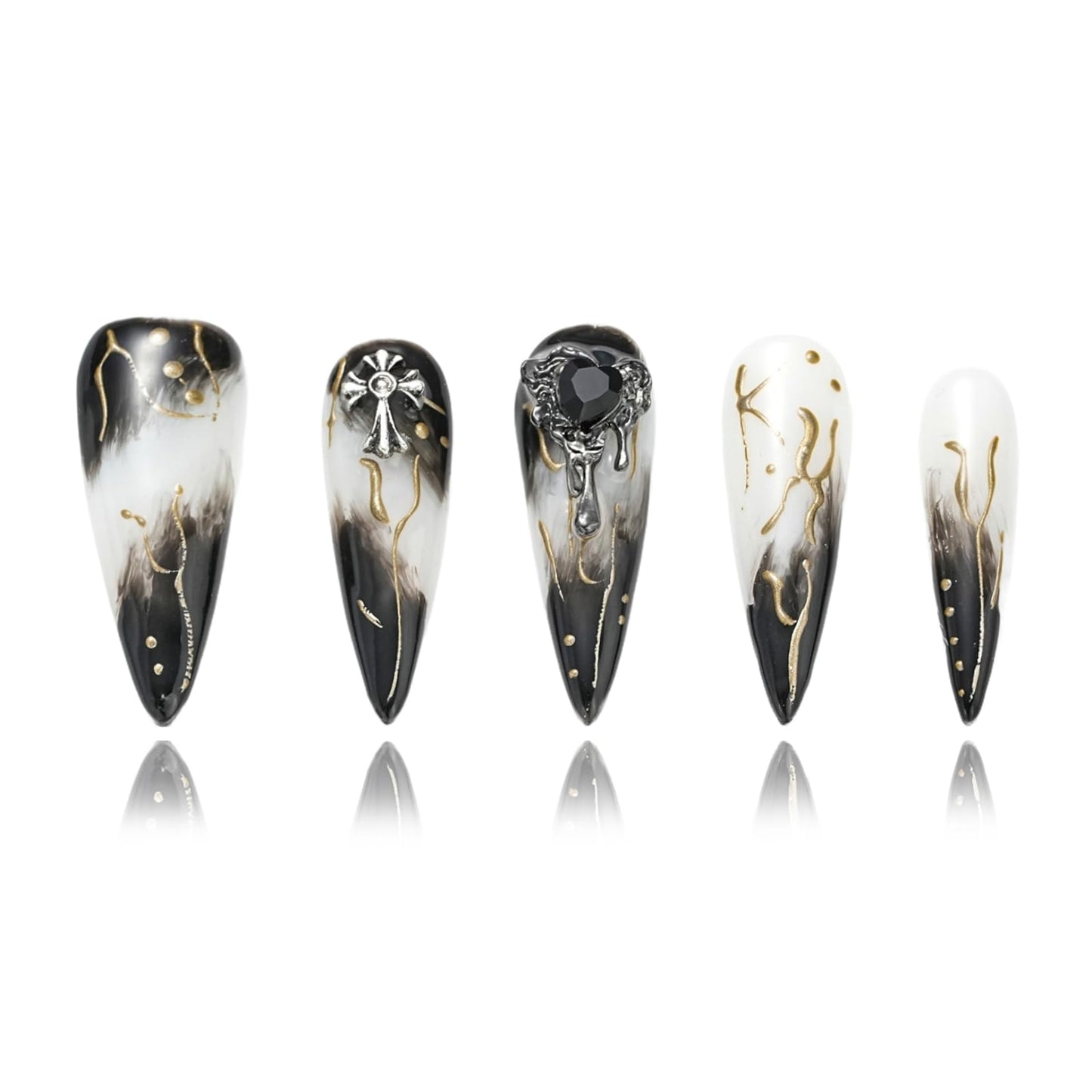 FORBELOVED NAILS,Black And White Swirl Line Handmade Press On Nails,Long Stiletto Glue On Nails,Crosses Decortions Charming False Nails For Women And Girls,10Pcs/Set With Glue,(Black-S),FOB