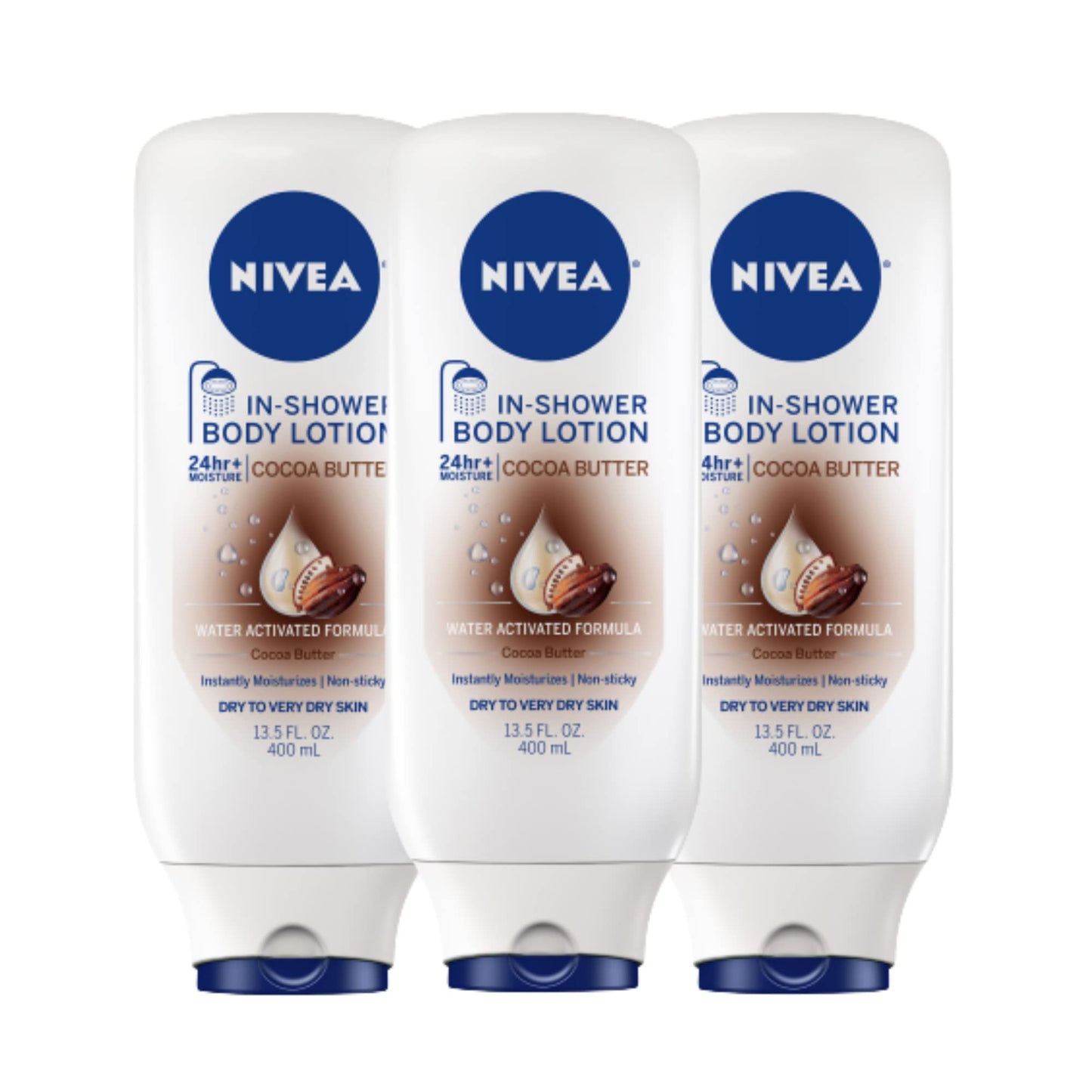 NIVEA Cocoa Butter In Shower Lotion, Body Lotion for Dry Skin, 3 Pack of 13.5 Fl Oz Bottles