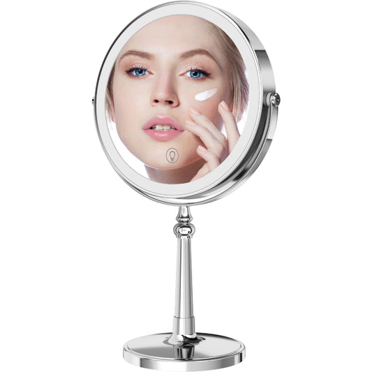 9" Large Make up Vanity Mirror with Lights Chrome Two Way Mirror 1x/10x Magnifying Mirror with Light and Stand 4000mAh Rechargeable Led Makeup Mirror for Desk Dresser Table