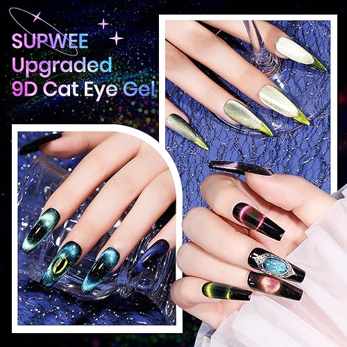 SUPWEE Cat Eye Gel Nail Polish Set - 12 Colors 9D Magnetic Nail Polish Gel Galaxy Cateye Nail Gel Polish with 1 Black Gel and Magnetic Lamp Cure Required Home Manicure DIY Nail Art