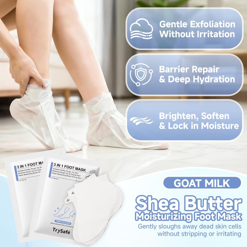 TrySafe PDRN & Collagen Foot Peel Mask for Dry Cracked Feet - 4 Pairs