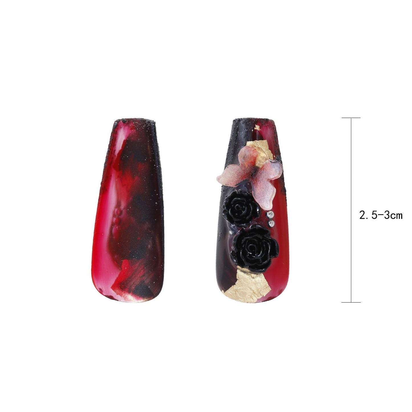 Fake Nails Handmade Press on Nails 3D Rhinestone Stylish Gel Reusable 10pcs Long Coffin Fake Nails Suitable for Halloween and Christmas (Red and Black-S)