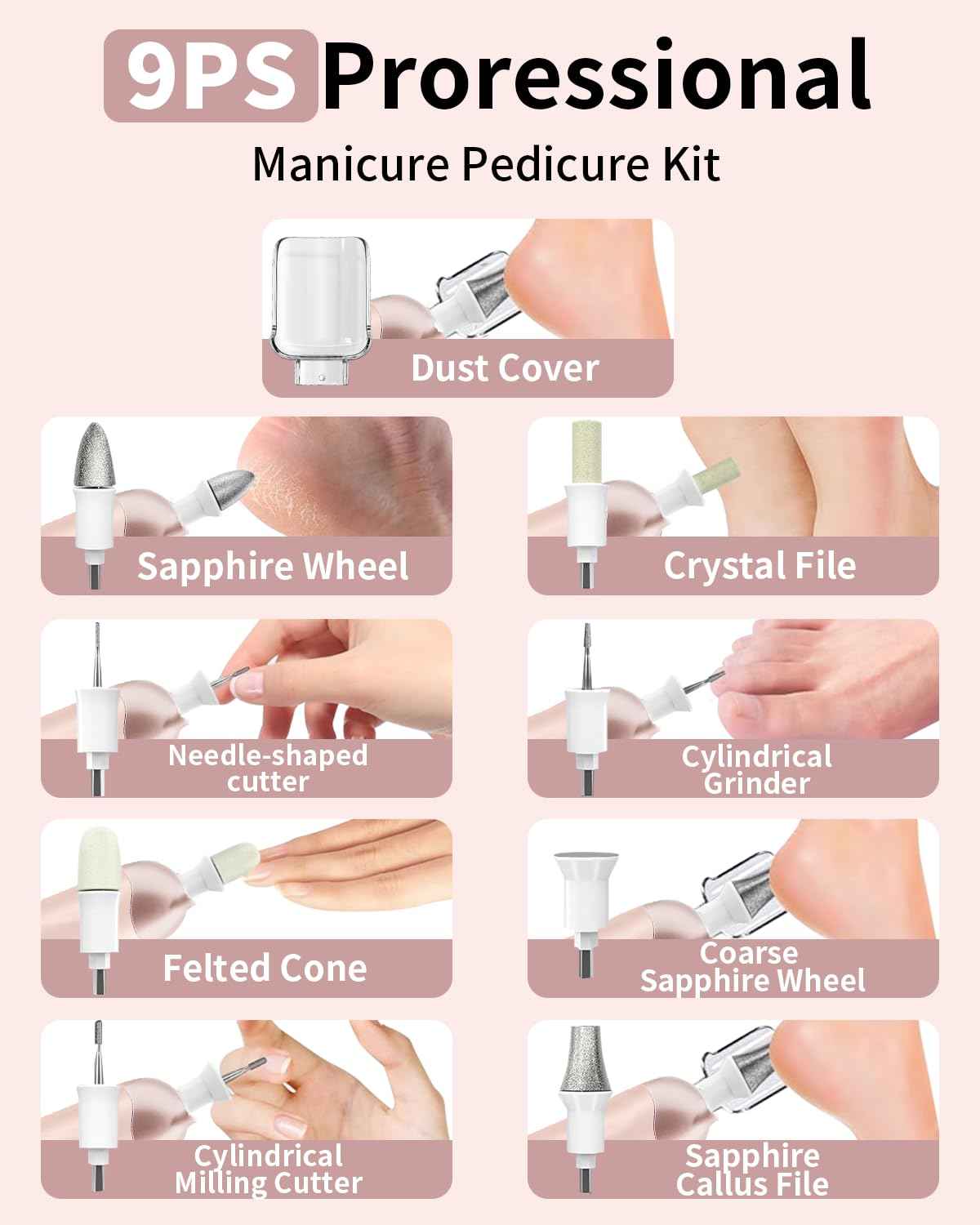 Manicure Pedicure Kit with Case, Professional Nail Grinder for Senior Thick Toenail, Cordless Electric Nail File, 5 Speeds Pedicure Tools for feet Callus Remover, Nail Drill for Women Hand Feet Care