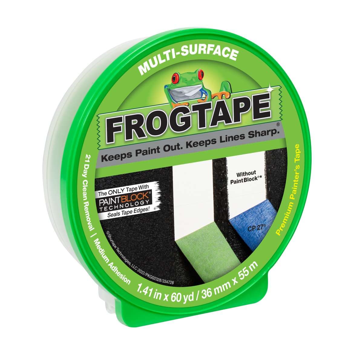 FROGTAPE Multi-Surface Painter's Tape with PAINTBLOCK, Medium Adhesion, 1.41" Wide x 60 Yards Long, Green (1358465)