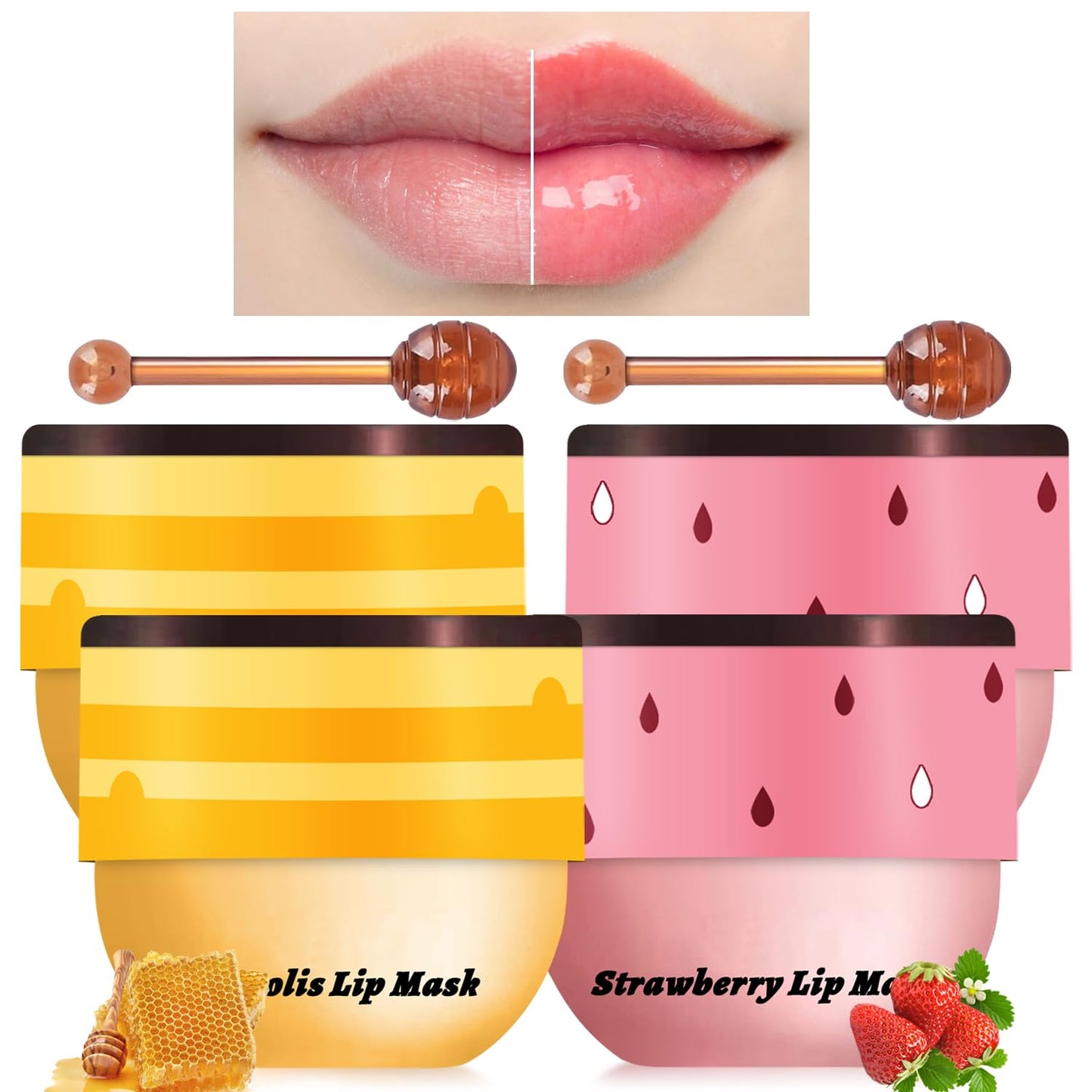 4PCS Bee Lip Balm Honey Pot, Honey Strawberry Lip Balm Lip Mask with Stick, Moisturizing Sleeping Lip Mask Day & Night Lip Care - Hydrate Repair Prevent Dry Cracked Scrub (2 Honey & 2 Strawberry)