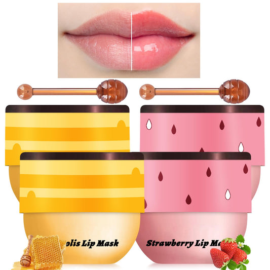 4PCS Bee Lip Balm Honey Pot, Honey Strawberry Lip Balm Lip Mask with Stick, Moisturizing Sleeping Lip Mask Day & Night Lip Care - Hydrate Repair Prevent Dry Cracked Scrub (2 Honey & 2 Strawberry)