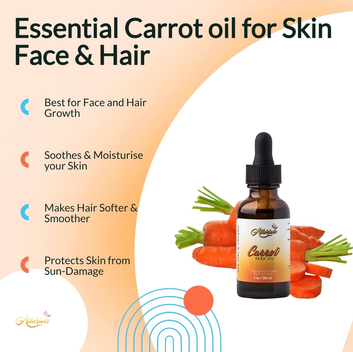 Allurials Carrot Seed Oil – 100% Pure & Organic, Unrefined, Cold Pressed, All Natural, aceite de zanahoria - Daucus Carota- Essential Carrot Moisturizer for Skin, Face and Hair Growth (1 Oz)