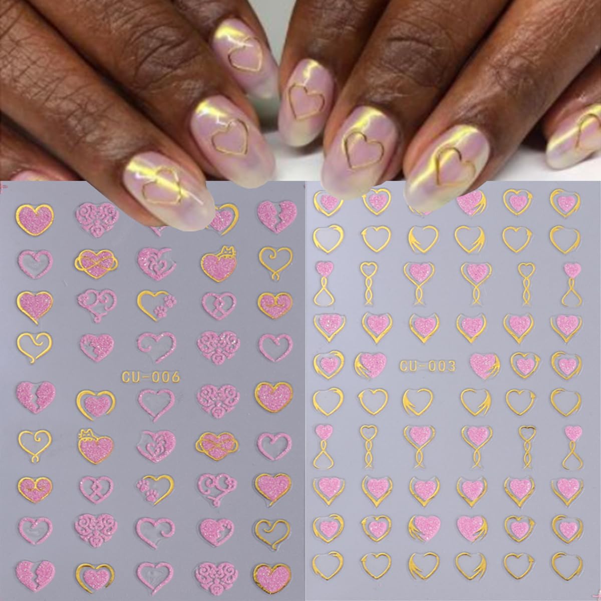 Valentine's Day Heart Nail Stickers-8 Sheets Gold Pink Nail Art Stickers 3D Self-Adhesive Nail Decals Glitter Star Love Rose Flower Nail Art Design Supplies for Acrylic Nail Decoration Stickers Women