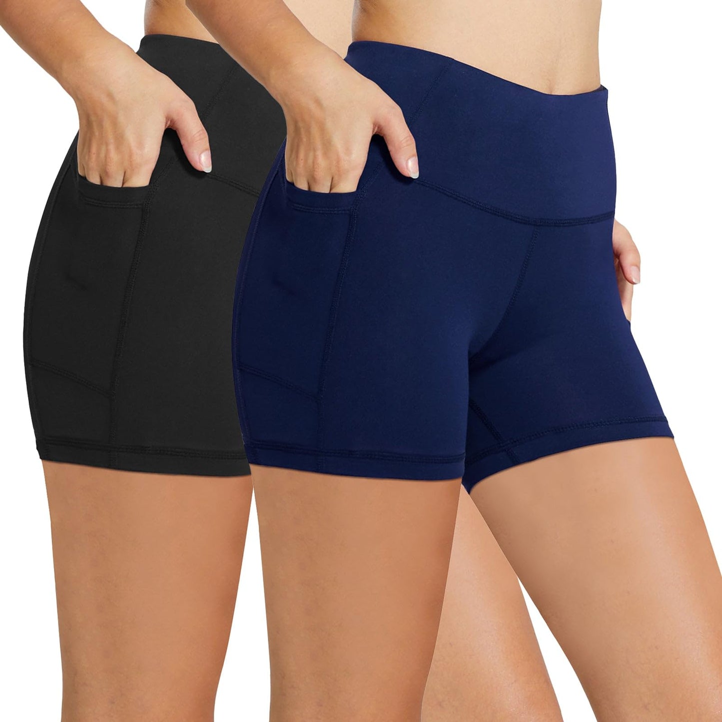 BALEAF Biker Shorts Women Yoga Gym Workout Spandex Running Volleyball Tummy Control Compression Shorts with Pockets 5" 2-Pack Black/Navy Blue XS