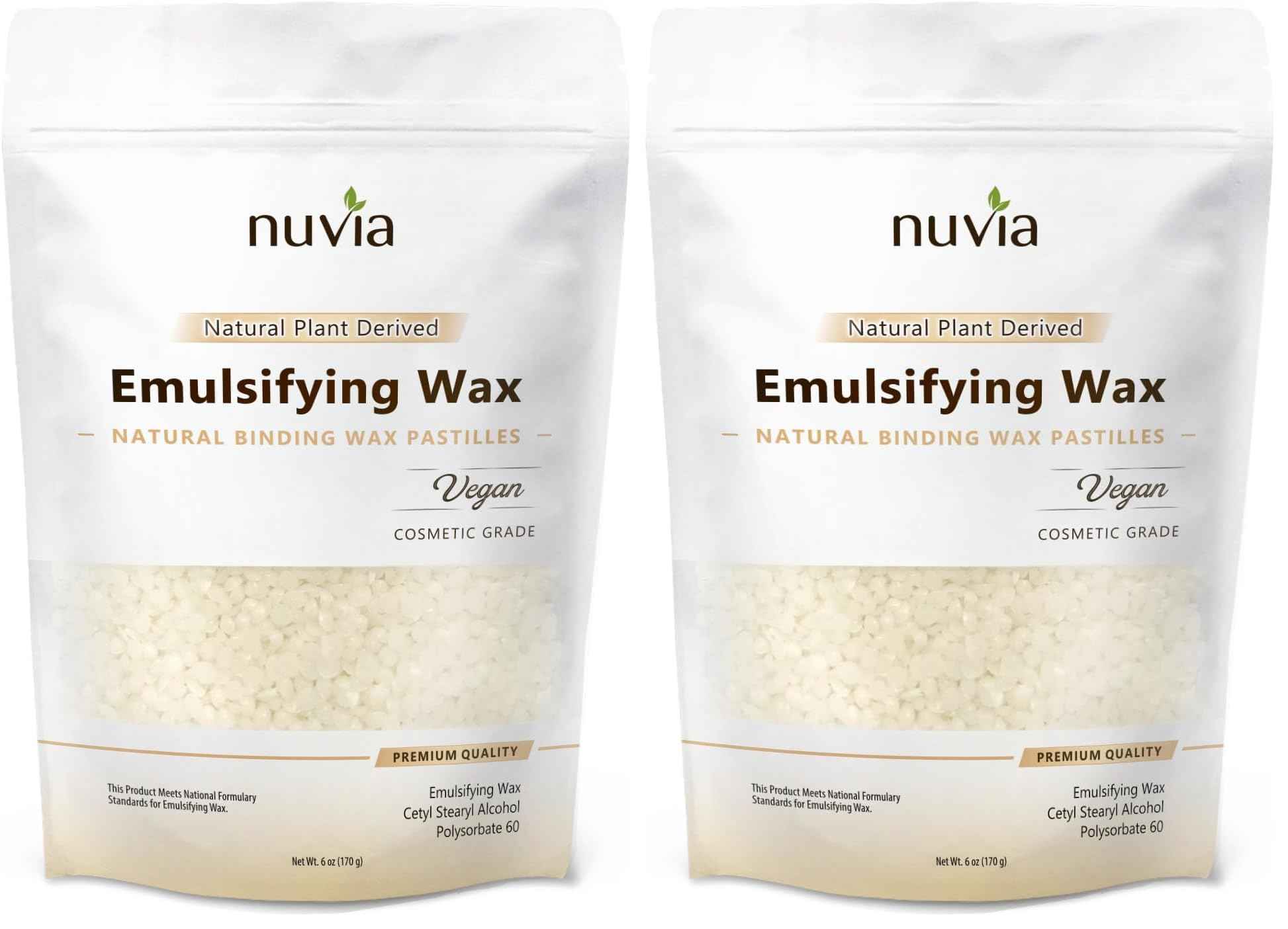 Nuvia Organics Emulsifying Wax, 100% Natural Plant Derived, NF, Cosmetic & Food Grade; 6oz (Pack of 2)