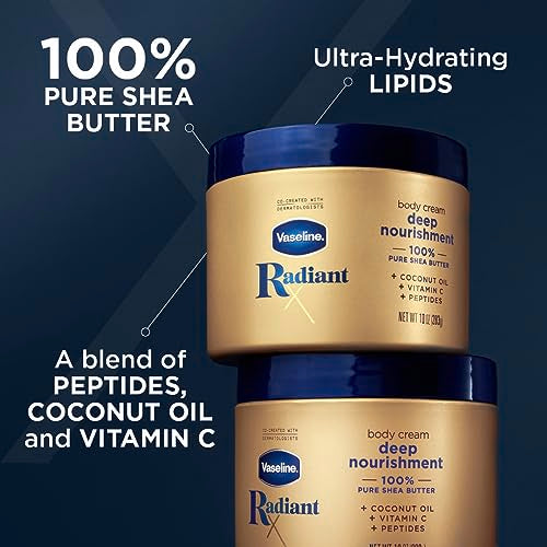 Vaseline Radiant X Deep Nourishment Body Cream 100% Pure Shea Butter, Coconut Oil, Vitamin C, & Peptides 10 oz & Illuminate Me Shimmering Body Oil Created for Melanin Rich Skin, Illuminates Skin
