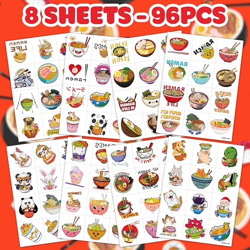 96 Pcs Ramen Temporary Tattoos for Kids | Noodle Foodie Party Favors
